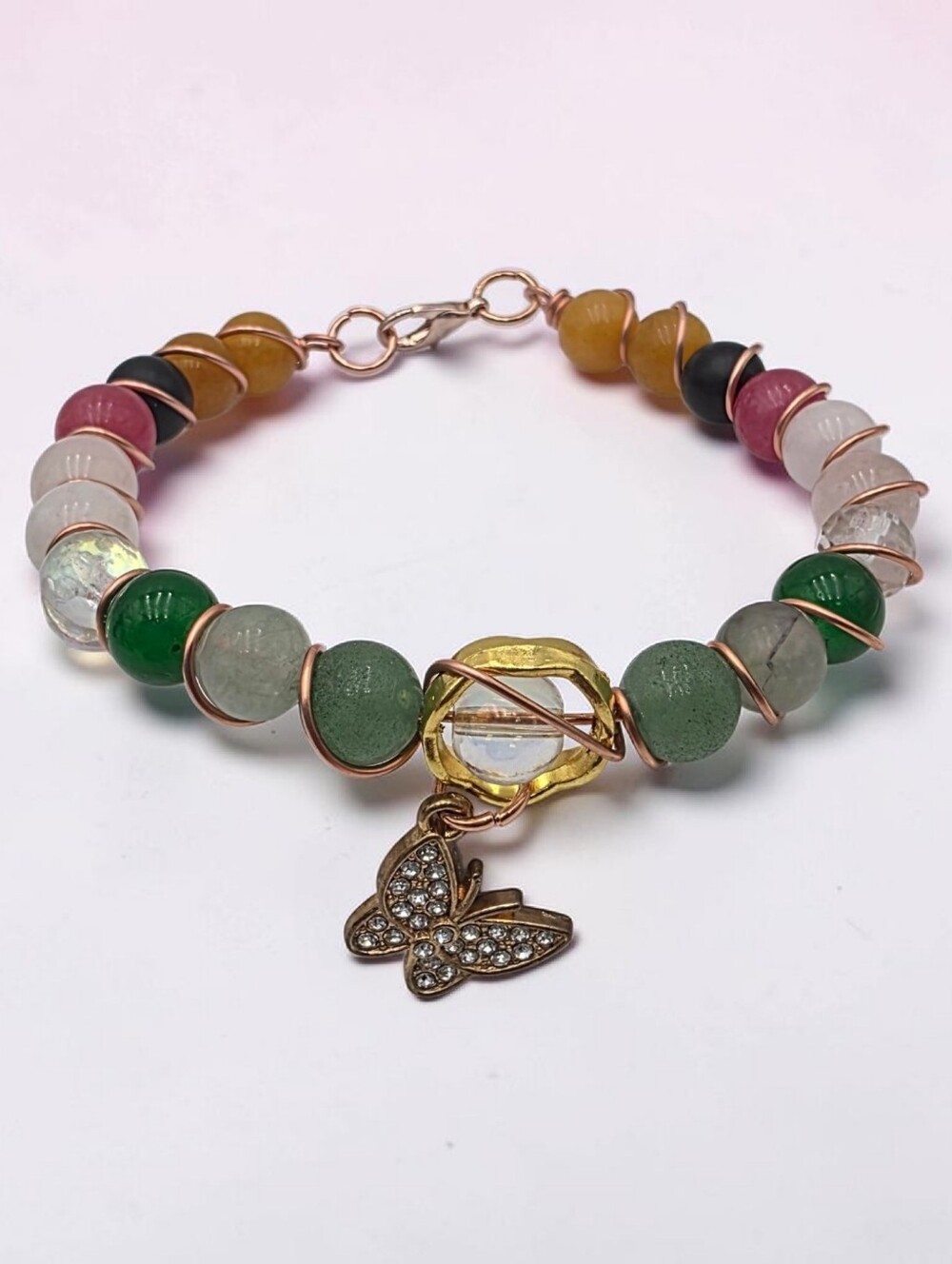 Multicolor Beaded Bracelet with Crystal Butterfly Charm